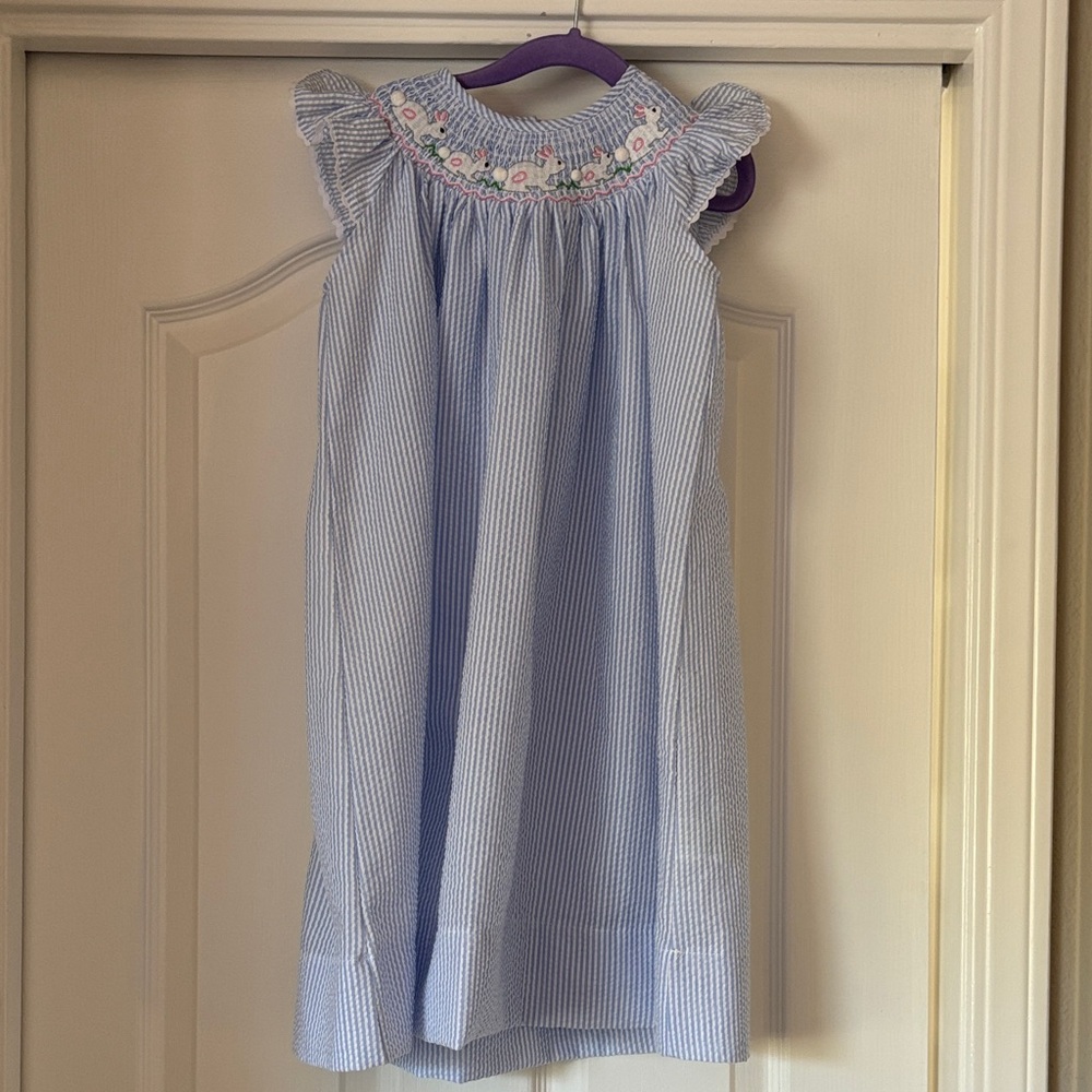 Blue and White Striped Dress with Embroidered Collar